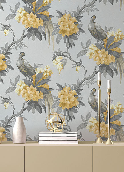 Brewster home Fashions M1662 Golden Pheasant Gray Floral Wallpaper
