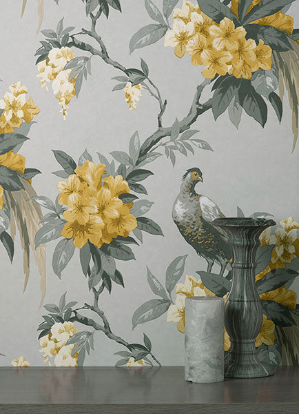 Brewster home Fashions M1662 Golden Pheasant Gray Floral Wallpaper