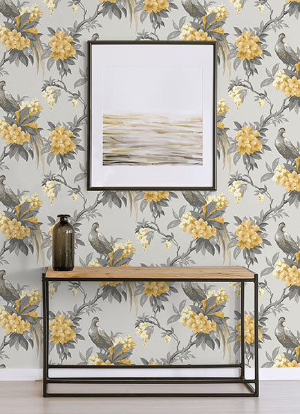 Brewster home Fashions M1662 Golden Pheasant Gray Floral Wallpaper