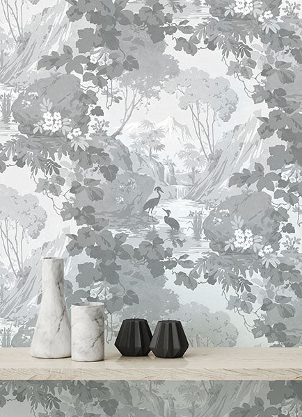 Brewster Home Fashions M1677 Eden Crane Lagoon Gray Wallpaper