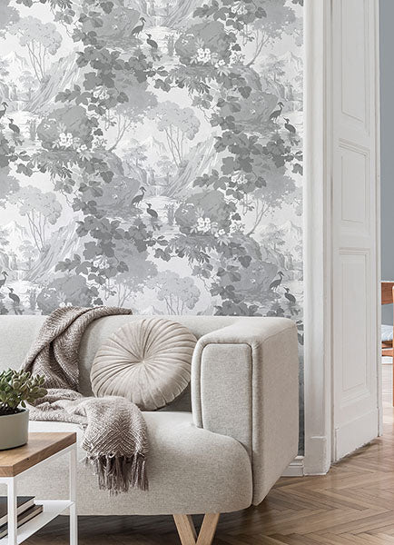 Brewster Home Fashions M1677 Eden Crane Lagoon Gray Wallpaper