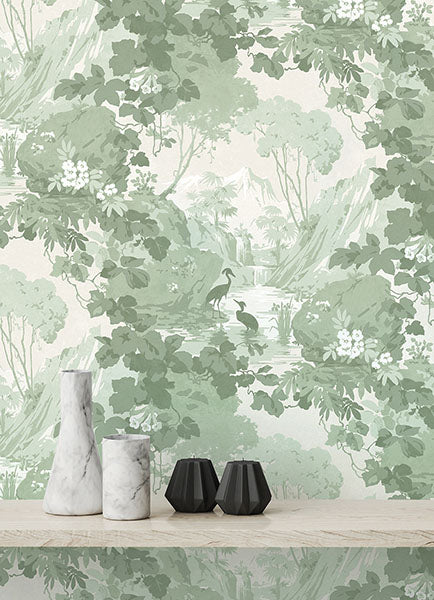 Brewster Home Fashions M1679 Eden Crane Lagoon Green Wallpaper