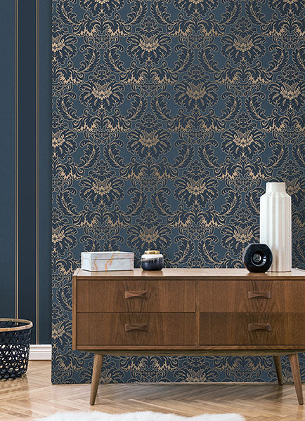 Brewster home Fashions M1704 Windsor Blue Damask Wallpaper
