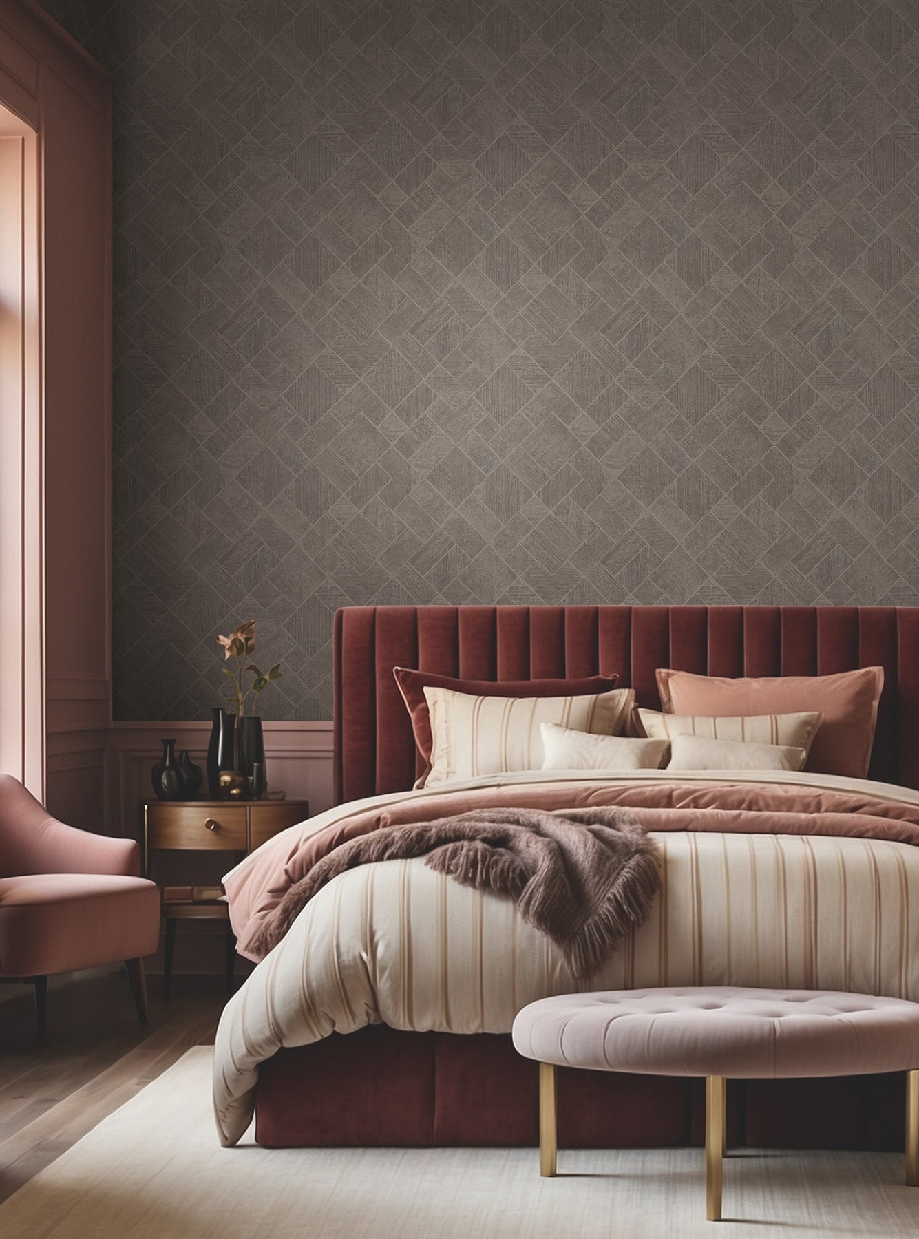 York Wallcoverings MA35511 Marquetry Taupe Tile Wallpaper