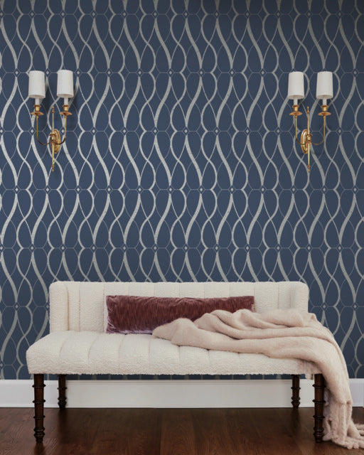 York Wallcoverings MD7174 Navy & Silver Graceful Geo Wallpaper