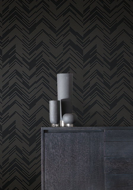 York Wallcoverings MD7221 Black & Gold Polished Chevron Wallpaper