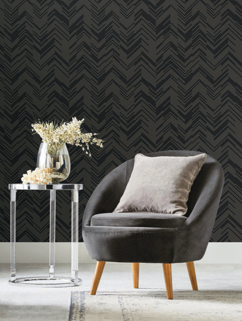 York Wallcoverings MD7221 Black & Gold Polished Chevron Wallpaper