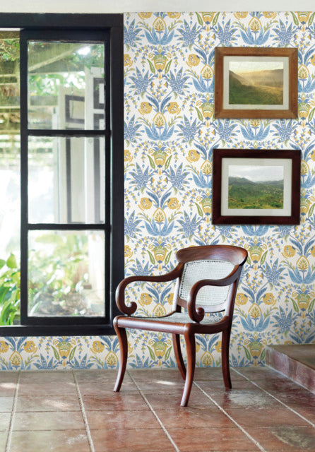 York Wallcoverings MN1913 Seaside Jacobean White/Yellow/Blue Wallpaper