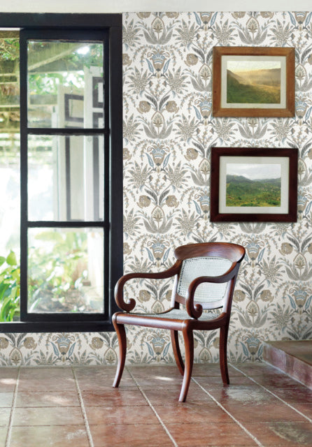 York Wallcoverings MN1915 Seaside Jacobean White/Taupe/Blue Wallpaper