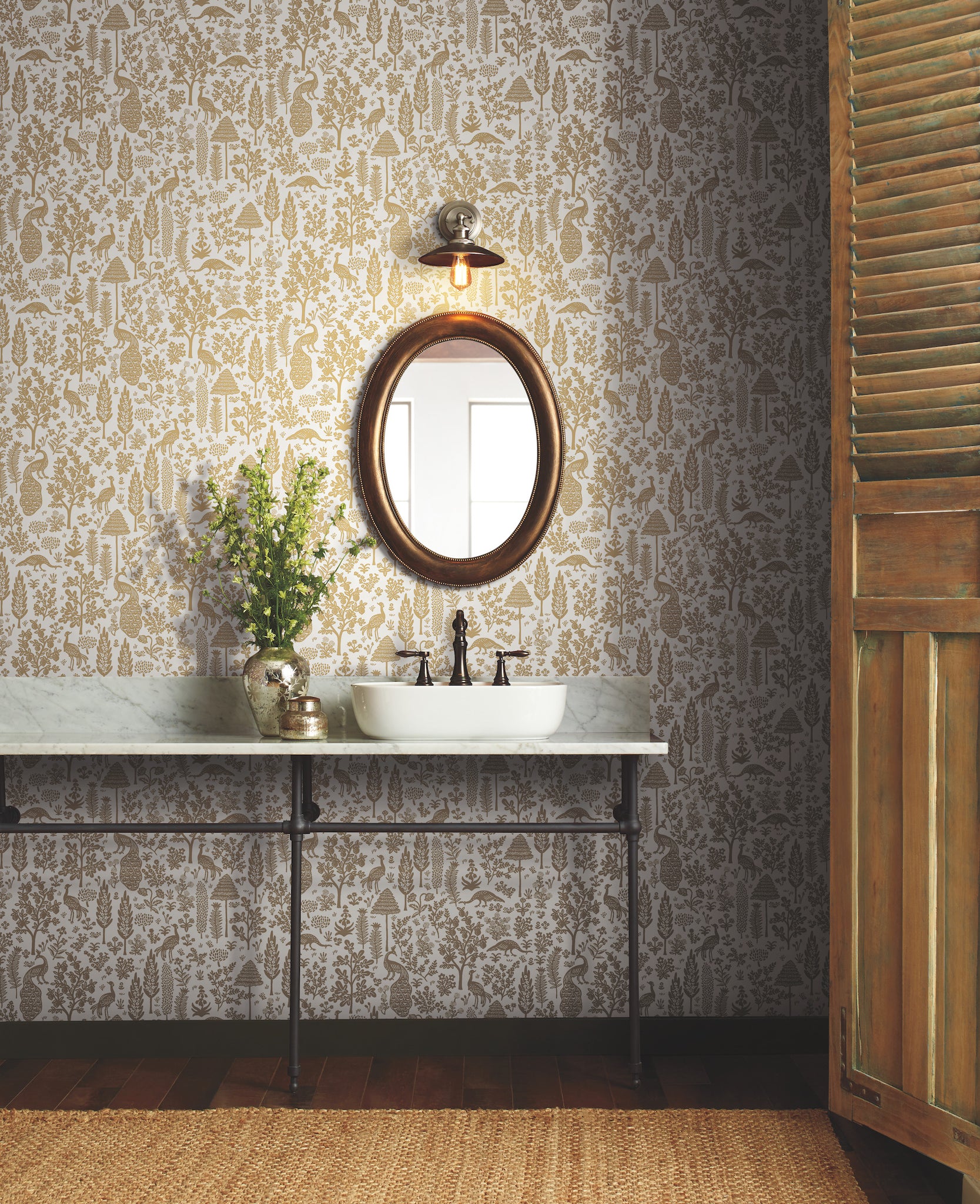 York Wallcoverings RP7371 Menagerie Toile White & Metallic Gold Wallpaper