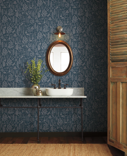 York Wallcoverings RP7372 Menagerie Toile Navy Wallpaper
