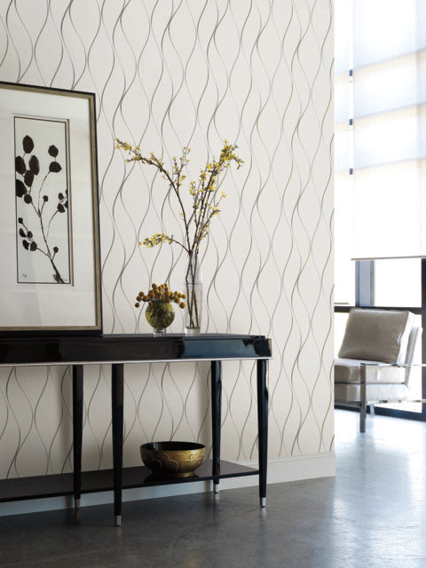 York Wallcoverings Y6201401 Wavy Stripe White/Silver Wallpaper