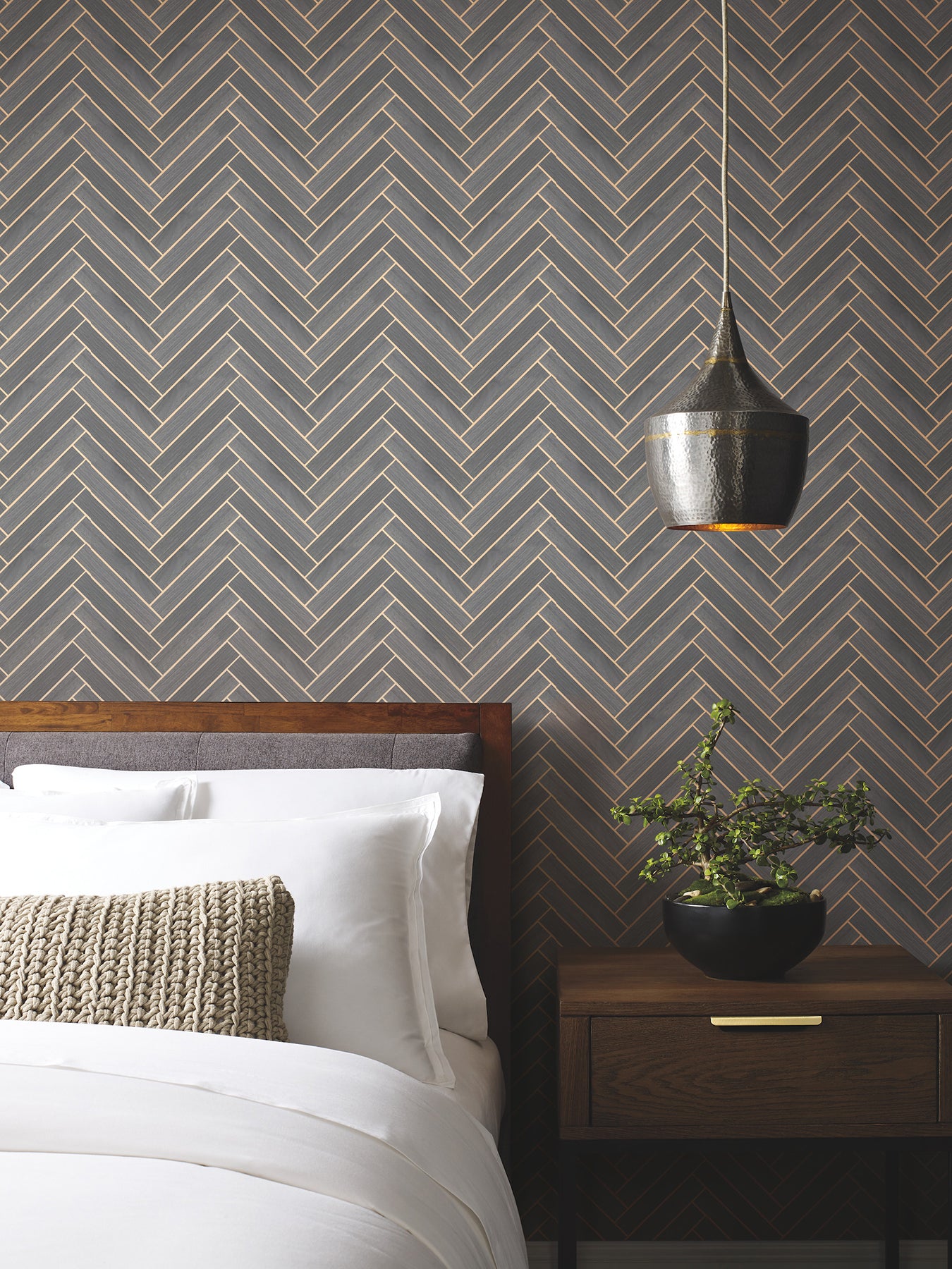 York Wallcoverings YGL7074 Herringbone Wood Veneer Graphite Wallpaper