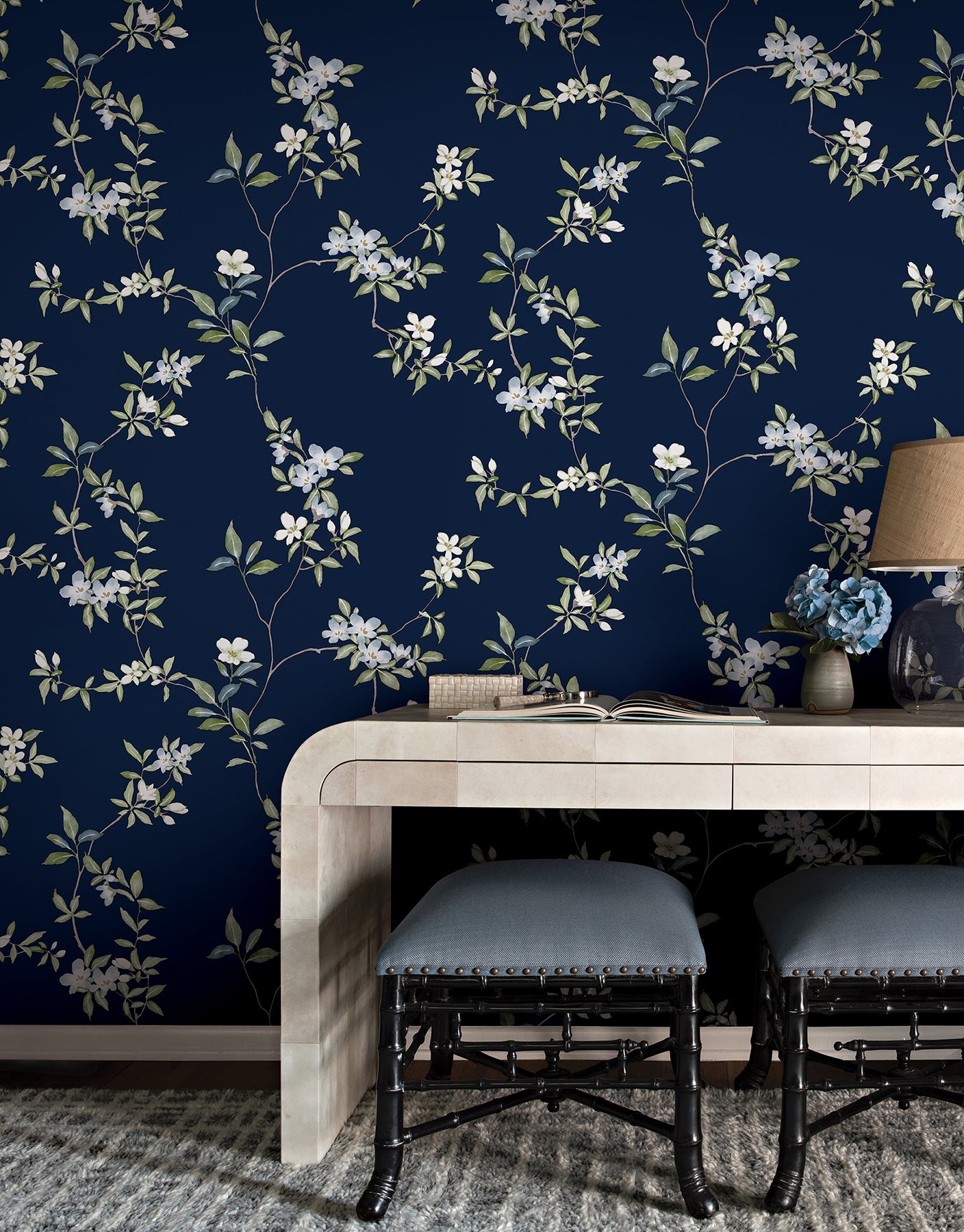 York Wallcoverings ZA8071 April Blossom Navy Wallpaper